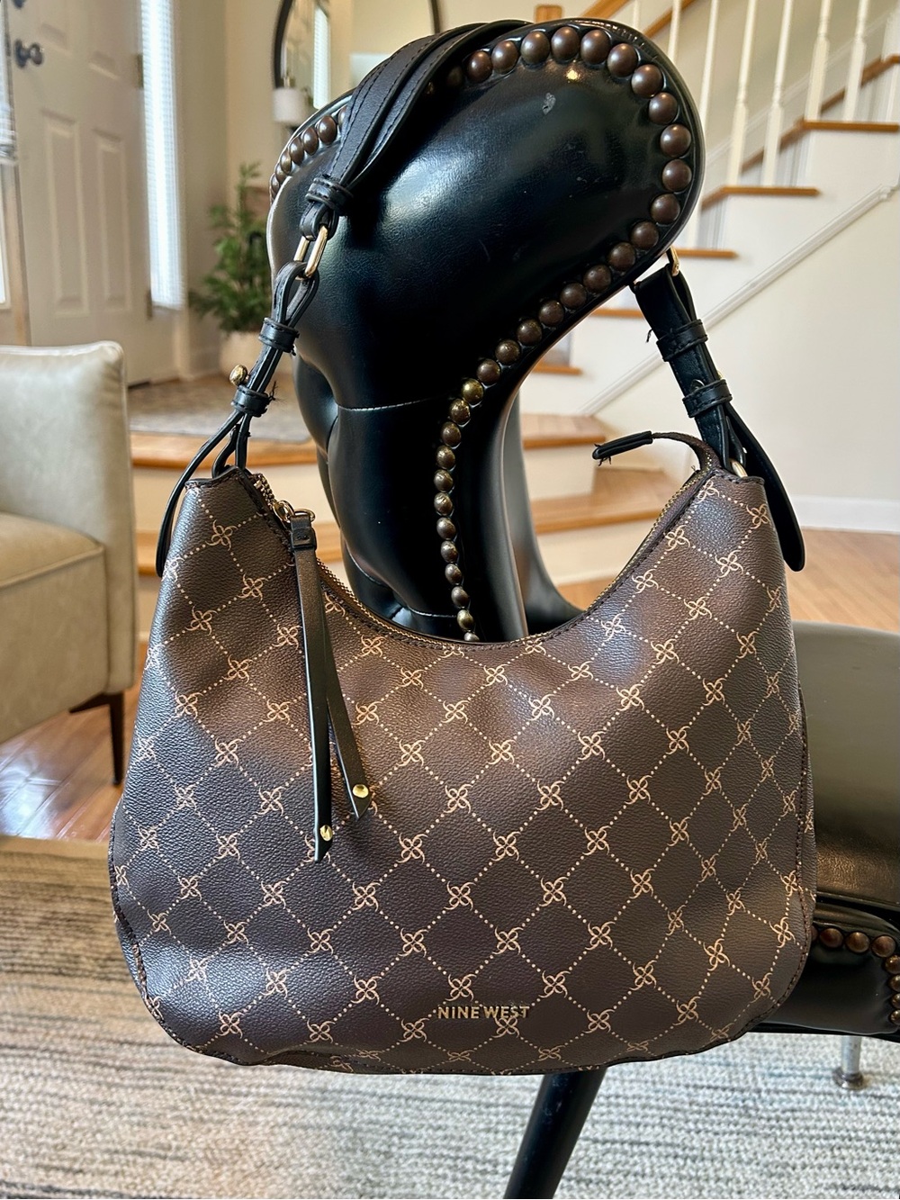Nine West Brown Logo Print Crescent Hobo Shoulder Bag